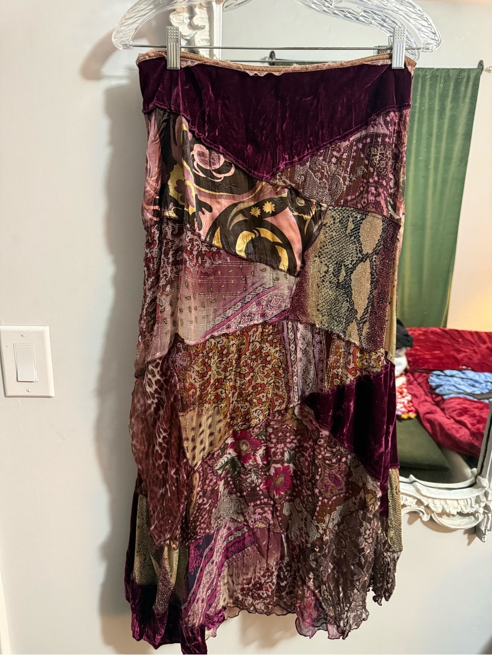 Cache Patchwork Velvet and Silk Maxi Skirt in Plum and Multicolor vintage nwt